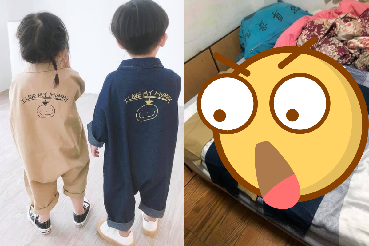 ▲收到網購童裝後，原 Po 瞬間懂了買家所說的「衣服偏大」。（合成圖／翻攝自爆怨公社）