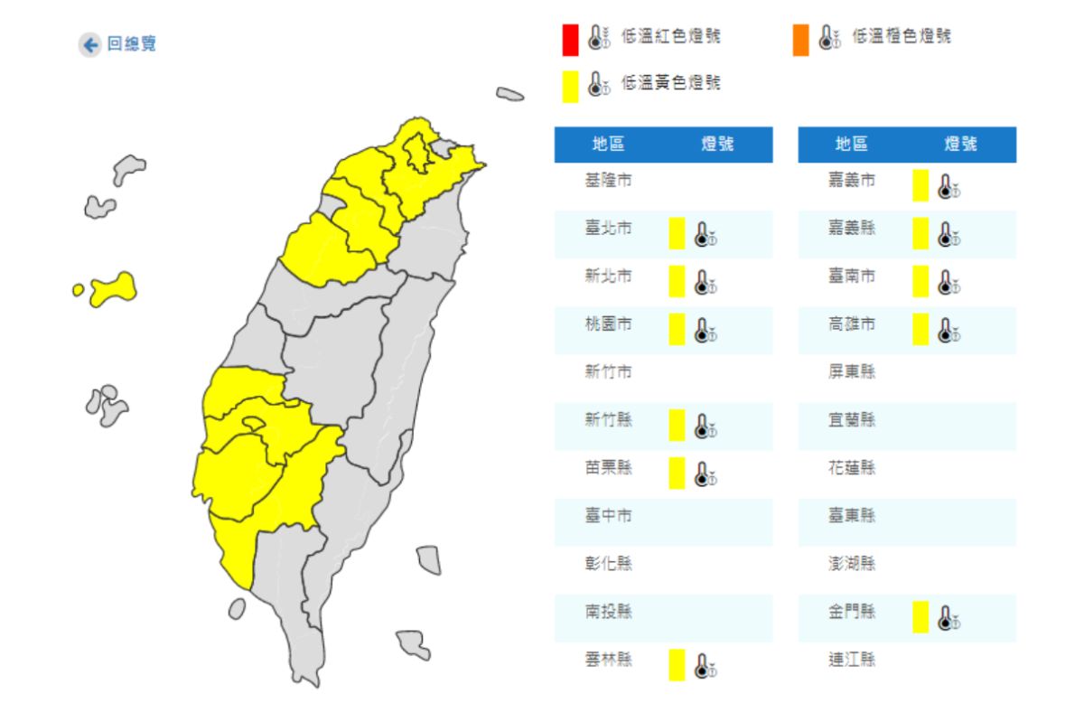 ▲氣象局發布低溫特報。（取自中央氣象局）