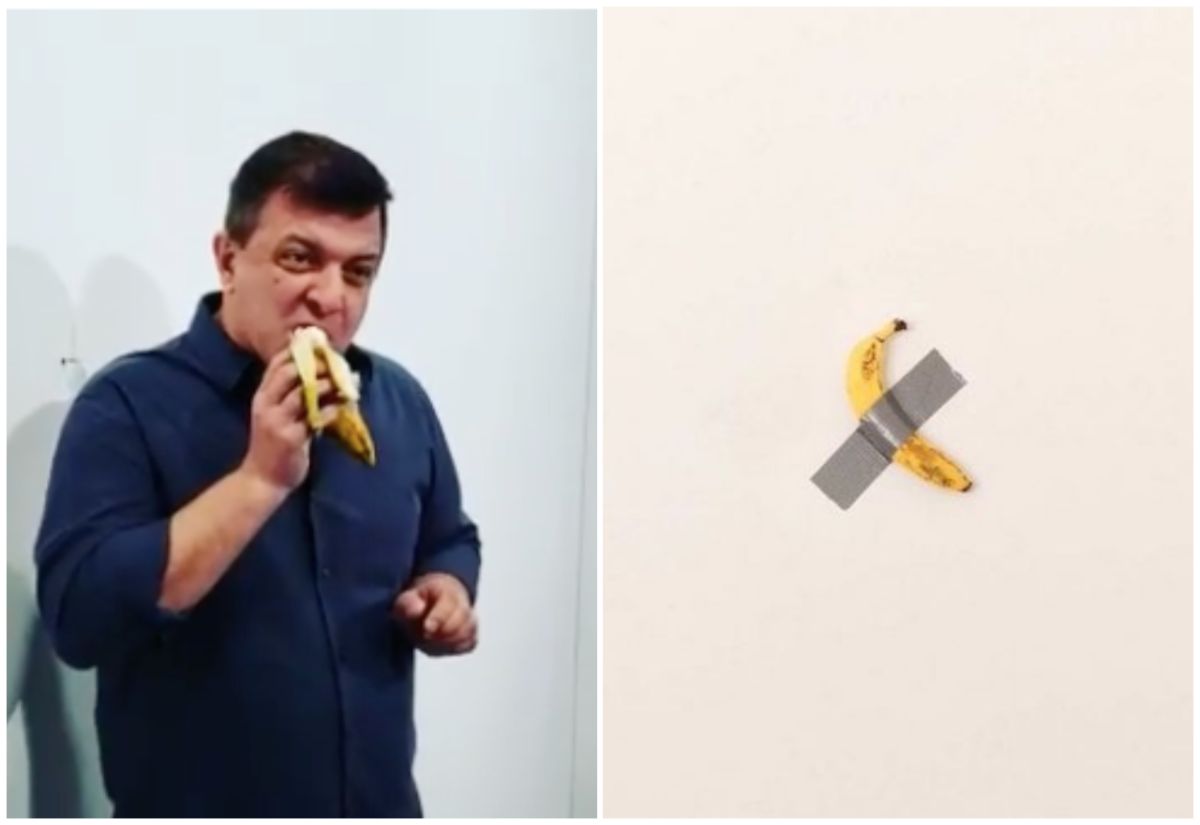 ▲卡特蘭的《喜劇演員》在展出期間被偷吃。（圖／翻攝自影片）