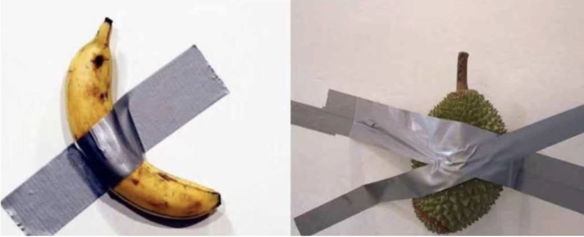 另外，新加坡亦有人模仿該作品，推出「膠帶榴槤」，並取名為「刺痛的藝術家」，售價為163056新加坡幣。（圖／翻攝自微信）