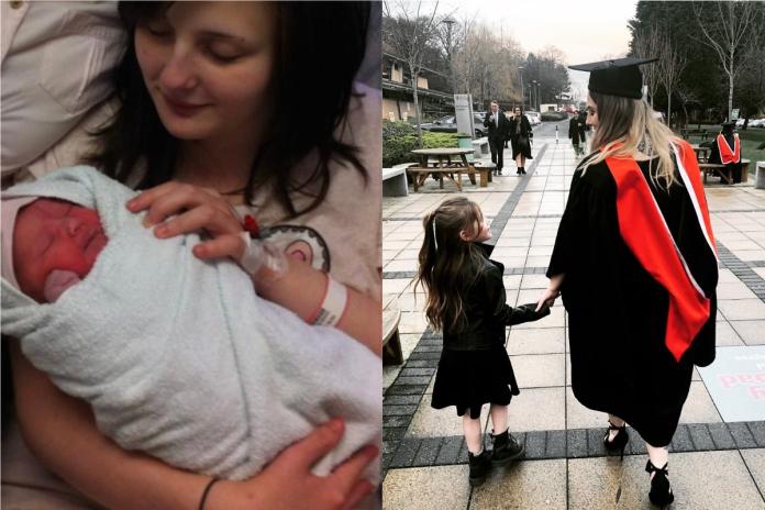 ▲穿著學士袍的瑞秋牽著 6 歲女兒的手成功畢業，感動 12 萬網友。（合成圖／翻攝自 @RachaelCampey 推特）