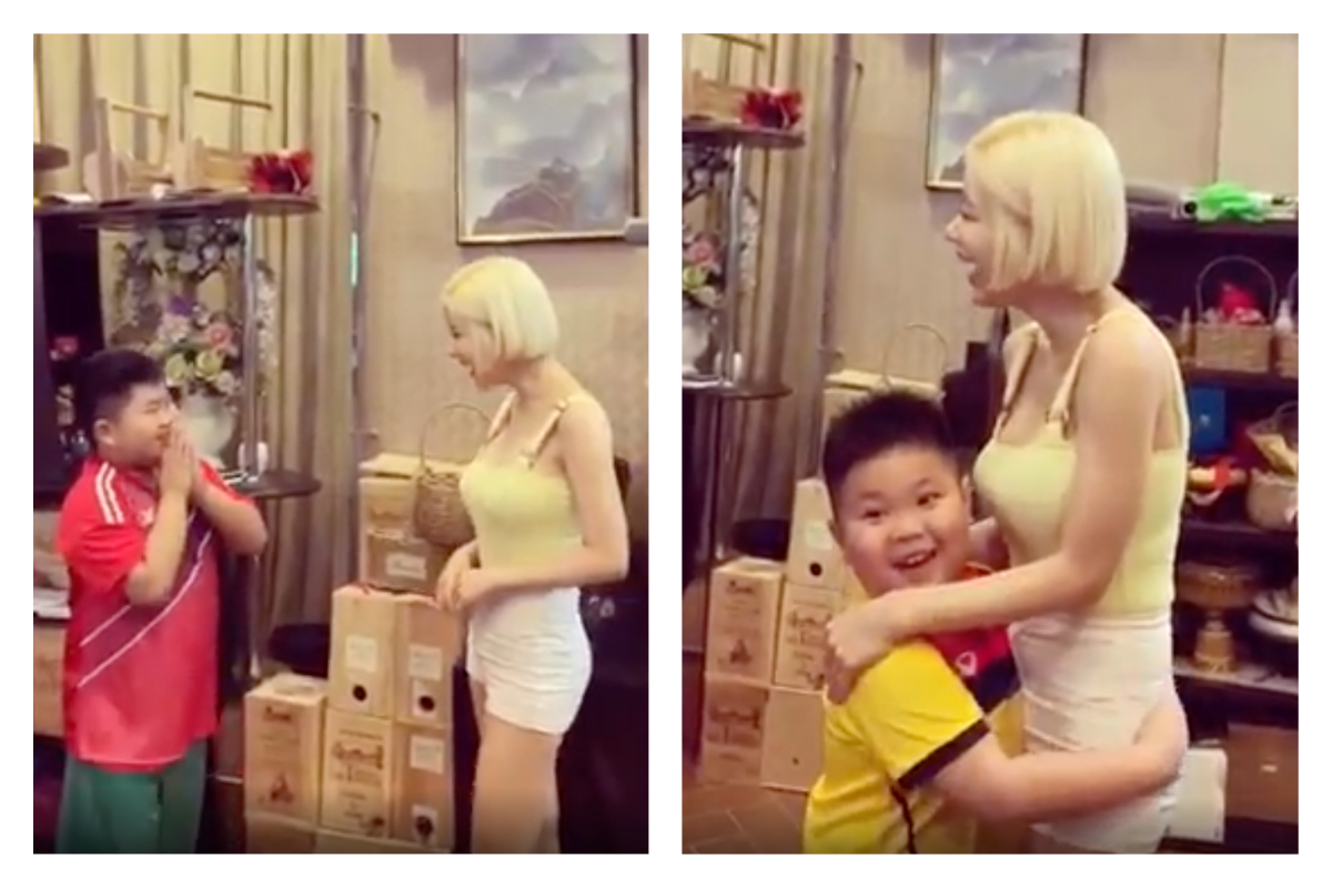 ▲ Q 萌弟「臉貼 DJ Soda 酥胸」，哥哥一看超羨慕。（圖／翻攝自影片）