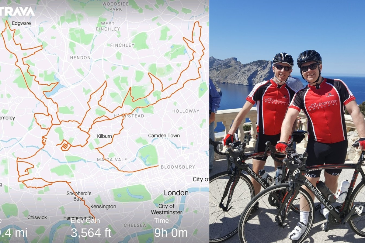 ▲英國自行車手於今年聖誕節狂騎 9 小時的車，完成巨作。（合成圖／翻攝自 @anthoyte 推特）