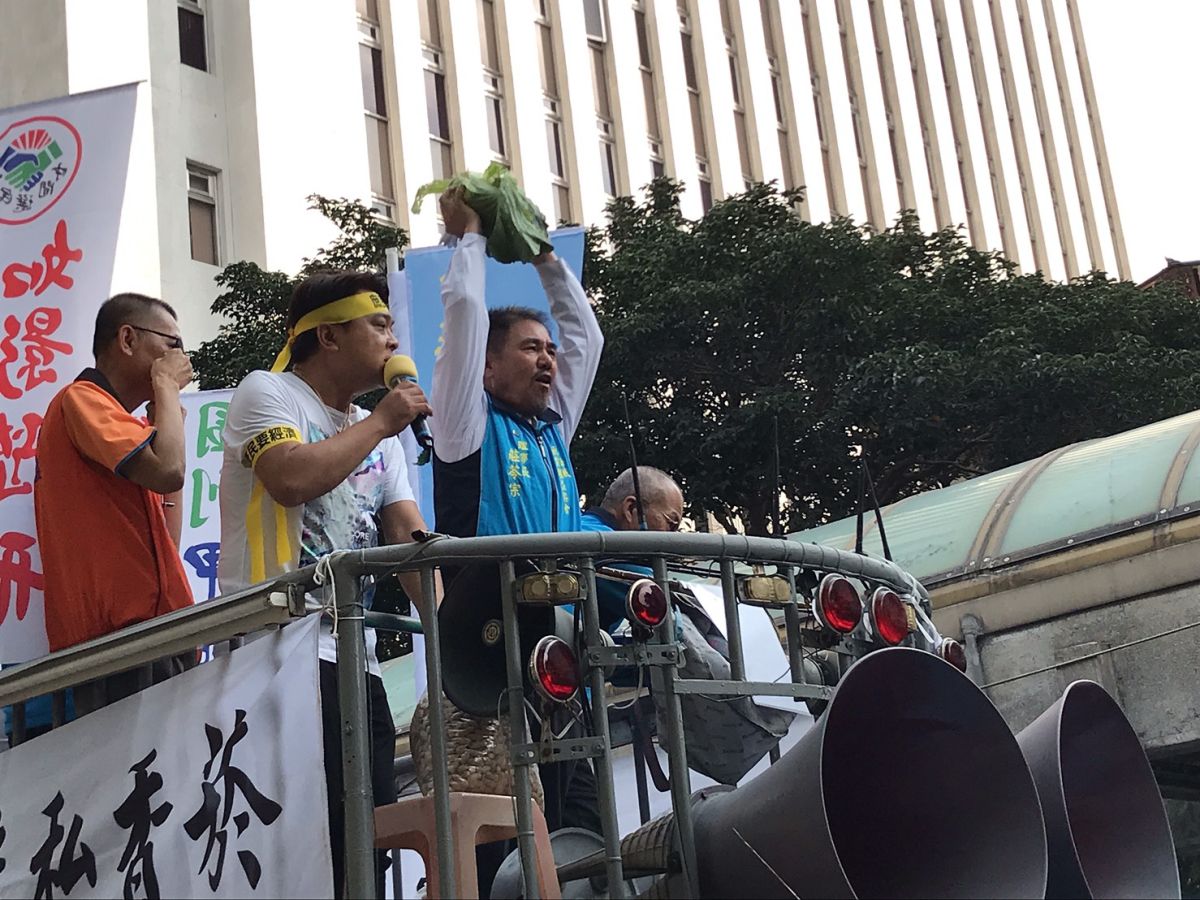 ▲中華海域漁業權益協會理事長莊苓宗（持高麗菜者）率領民眾先於中正紀年堂捷運站周邊集結，現場丟擲高麗菜抗議蔡政府。（圖／記者賴志昶攝）