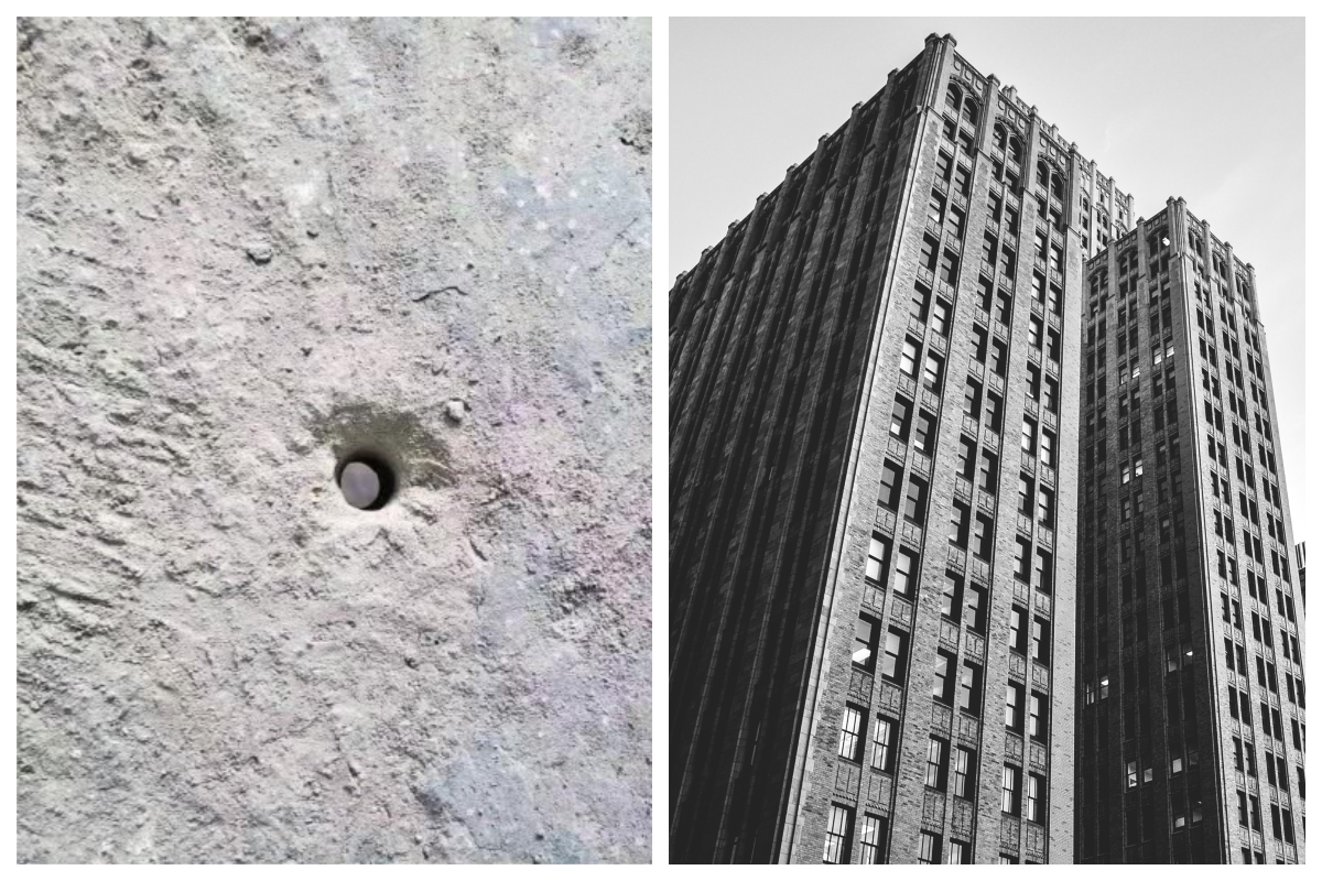 ▲中國大陸一幢高樓的地板竟在裝潢時直接穿透出一個孔。（合成圖，右為示意圖非當事房／取自大河報、 Unsplash ）