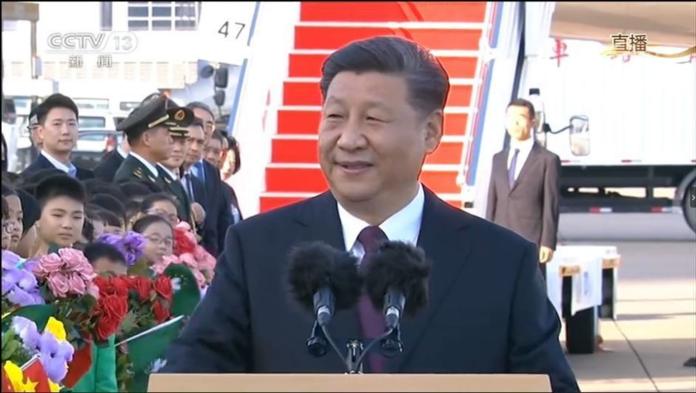 ▲中國國家主席習近平搭乘專機在抵達澳門，在機場發表講話。（圖／央視截圖）