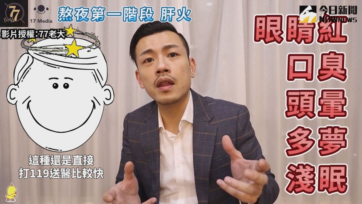 ▲ 肝火旺盛的夜貓族，會有眼睛紅、口臭、多夢等症狀。（圖／77老大 授權）