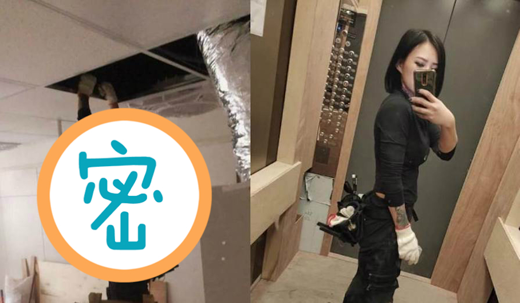 ▲正妹水電工站在木製梯子上方，雙手伸向天花板翻找，不經意露出一截小蠻腰。（圖／翻攝自臉書社團《加藤軍官方社團》）

