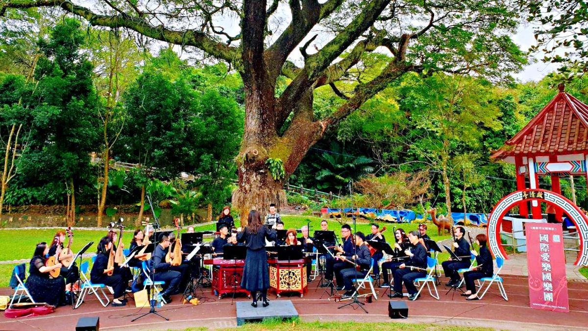 ▲國際愛樂30名演奏員於溝坪國小美麗的雨豆樹下帶來一場深具浪漫及詩意的演奏。（圖／國際愛樂國樂團提供）