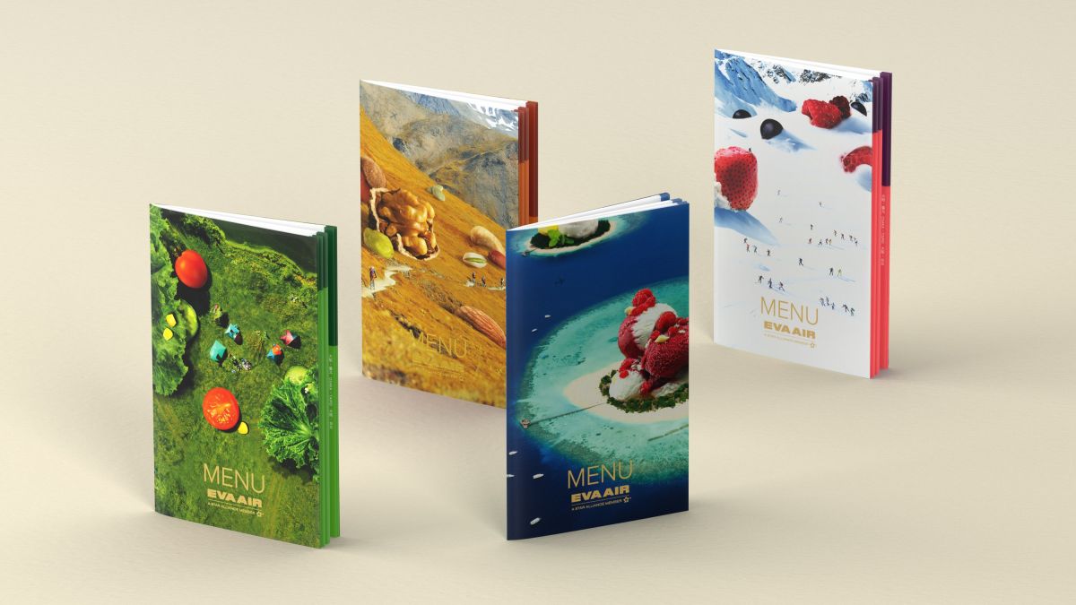 ▲長榮航空明年 1 月 1 日推出新版酒、菜單設計，以超現實的奇幻手法，分別用露營、度假、健行、滑雪為主題，展現出生動的四季變化。（圖／長榮航空）