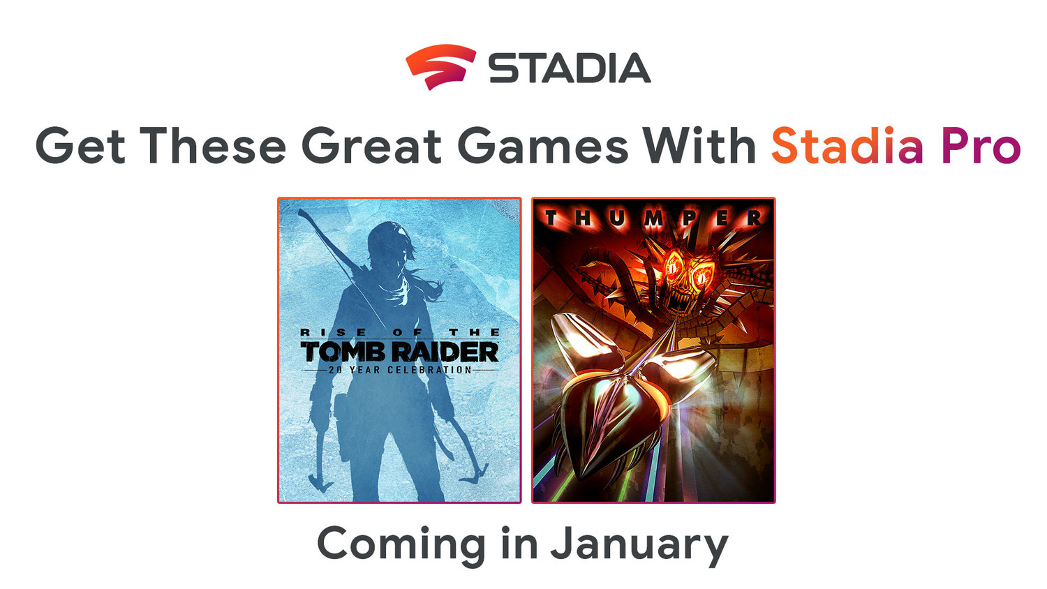 Google今日宣布將明年1月致贈 Stadia Pro 訂閱用戶《古墓奇兵 崛起 20 週年紀念版》與節奏暴力遊戲《Thumper》。 圖：翻攝自 Stadia 官網