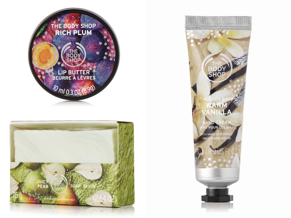 ▲THE BODY SHOP 紫梅護唇油 NT$300；香草護手霜；西洋梨潔膚皂 NT$220。（圖／THE BODY SHOP）