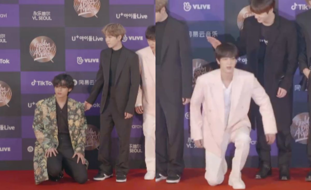 ▲V跌倒，JIN陪跪被柾國打。（圖／VLIVE）
