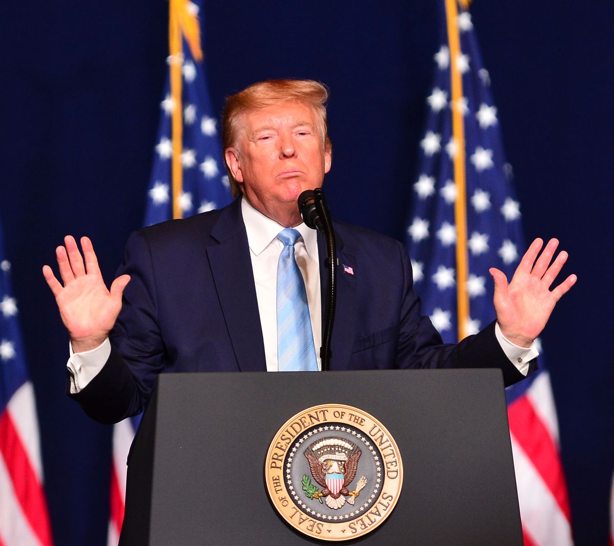 ▲美國總統川普 3 日於佛州邁阿密。（圖／美聯社／達志影像）