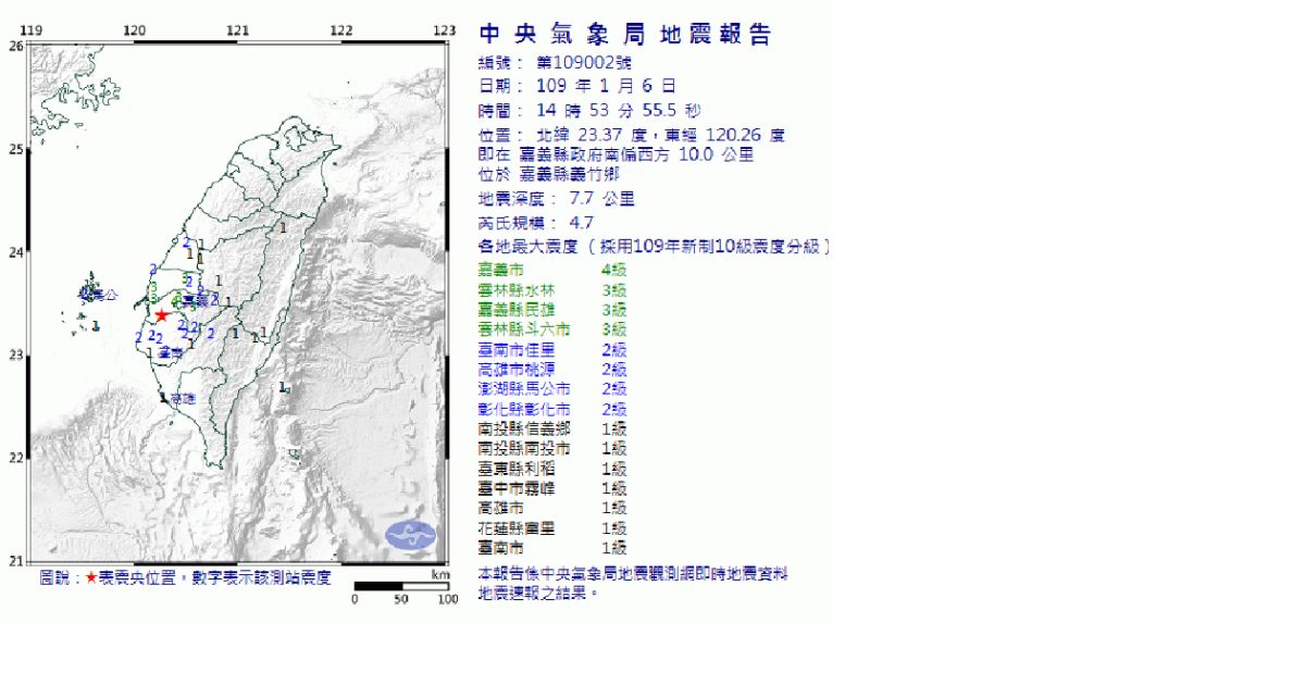 ▲今(6)日下午1453分嘉義縣西南方發生4.7級地震。（圖／記者陳惲朋翻攝）
