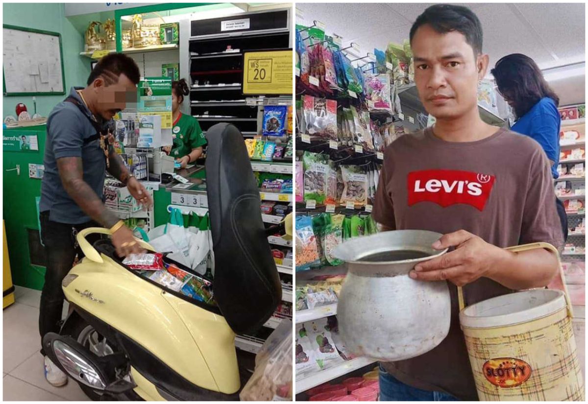 ▲泰國大哥直接開機車後座裝商品。另一個曼谷市民拿家裡的壺來裝東西。（圖／翻攝自網路）