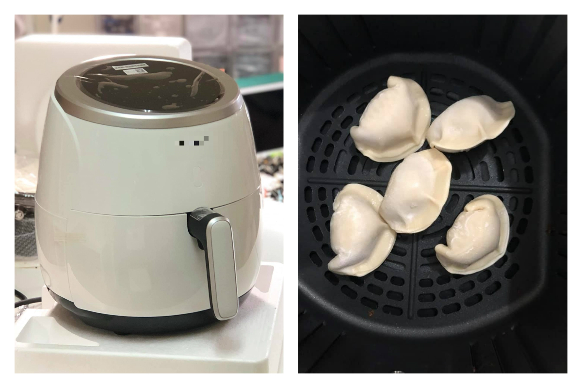 ▲一名女網友在臉書分享，利用氣炸鍋料理冷凍水餃，成品曝光不禁讓全場網友紛紛驚呆。（合成圖／臉書社團《氣炸鍋好好玩-食譜分享》）