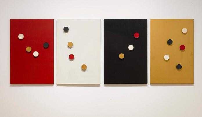 李元佳, “Cosmic Point Multiples”, 1968, Set of 4 steel panels with 17 magnets, Each panel 92 x 61.5 cm; Each magnet 7.5 cm, Courtesy of the artist and Richard Saltoun Gallery.