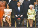 ▲梅根公爵夫人（左）、哈利王子（中）和英國女王（右）。（圖／美聯社／達志影像）