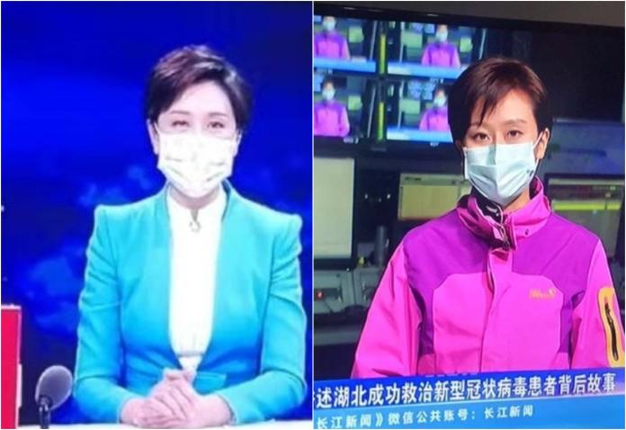 ▲湖北女主播在播報新聞期間配戴口罩，宣導民眾做好防疫工作。（圖／翻攝自《香港 01 》）
