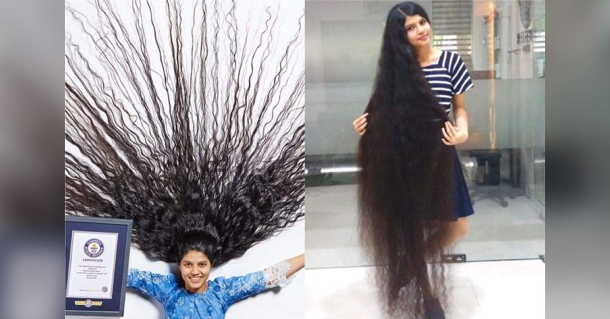 ▲印度 17 歲女孩妮蘭詩·佩特爾（ Nilanshi Patel ）的頭髮長達 190 公分。（合成圖／翻攝金氏世界紀錄 IG ）