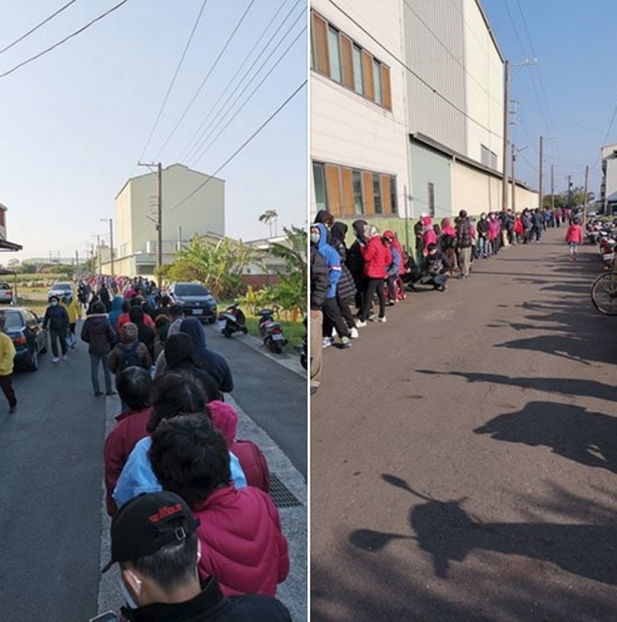 ▲大批民眾清晨頂著刺骨寒風，前往台南學甲區格安德公司排隊搶購口罩。（圖／記者陳聖璋翻攝）