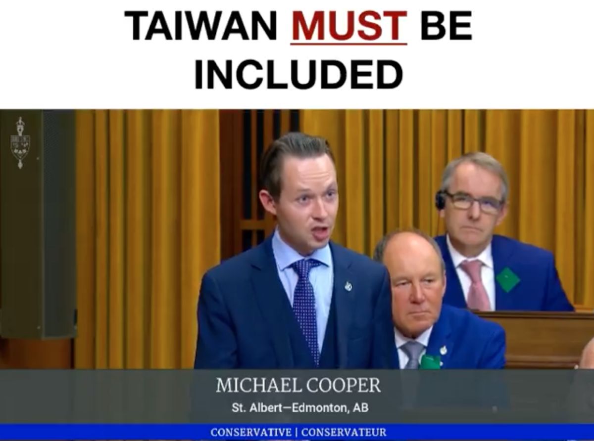 ▲加拿大保守黨聯邦眾議員庫柏（ Michael Cooper ）在國會質詢中，將台灣英文拼字「 T-A-I-W-A-N 」逐字唸出引發讚聲。（圖／翻攝自庫柏臉書）