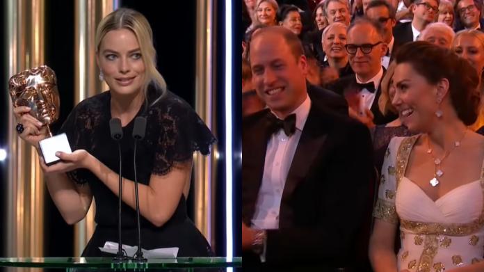 ▲瑪格羅比（左）代布萊德彼特領男配角獎，致詞時小虧哈利王子，台下的威廉、凱特夫婦反應被鏡頭捕捉。（圖／YouTube）