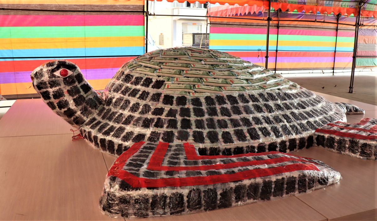 ▲澎湖赤崁龍德宮今年推出「萬福紫菜龜｣迎接元宵佳節，使用空殼嶼採集的紫菜真空包與米包，砌疊成7500斤紫菜米包龜。（圖／記者張塵攝，2020.02.03）