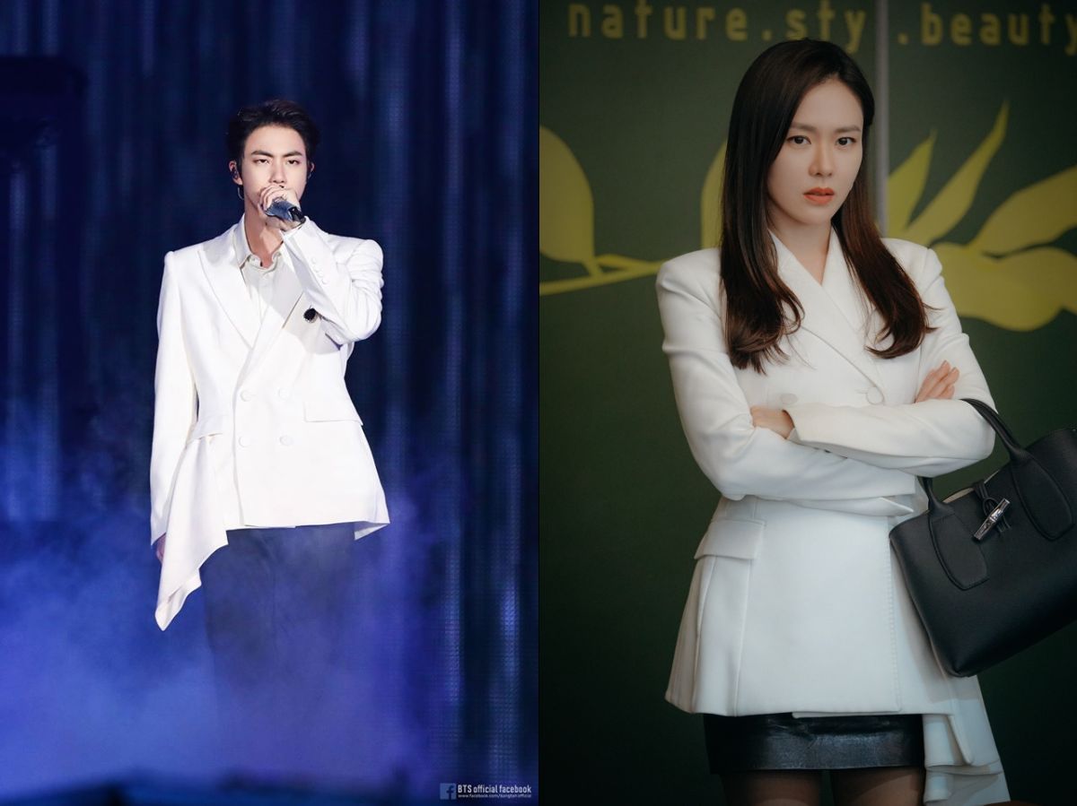 ▲JIN跟孫藝真前後穿上同一件衣服。（圖／BTS臉書、Netflix）
