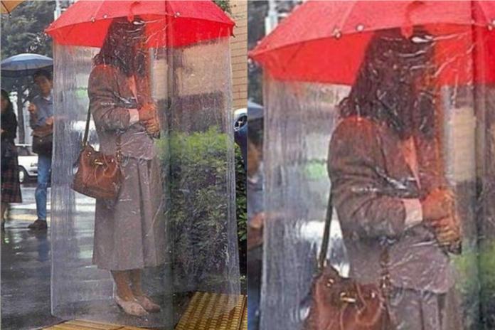 ▲日本人的發明「淋不濕雨傘」被台灣網友笑稱是「行動防塵室」。（合成圖／翻攝爆廢公社二館）