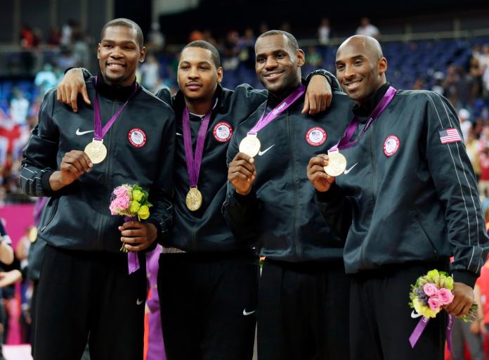 ▲2016年美國隊Kevin Durant(左起)、Carmelo Anthony、LeBron James、Kobe Bryant。（圖／美聯社／達志影像）