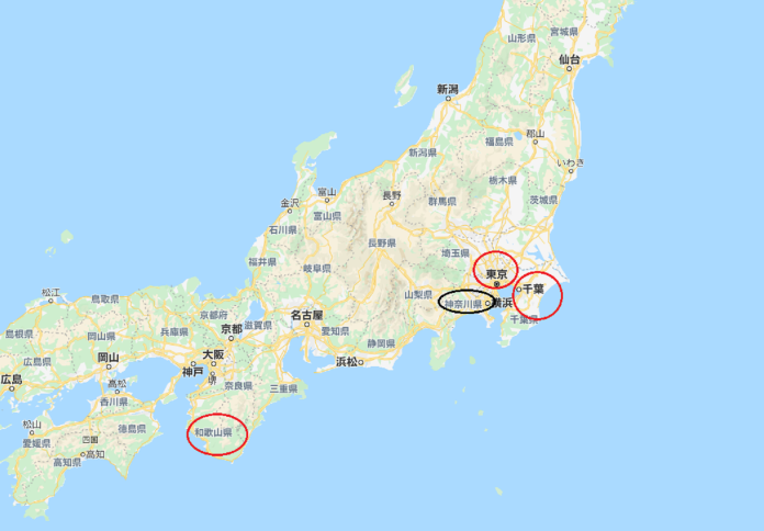 ▲日本一天爆發四例確診，紅圈為本圖確診案例地點，黑圈為首例死亡案例地點（圖／翻攝 GoogleMaps ）
