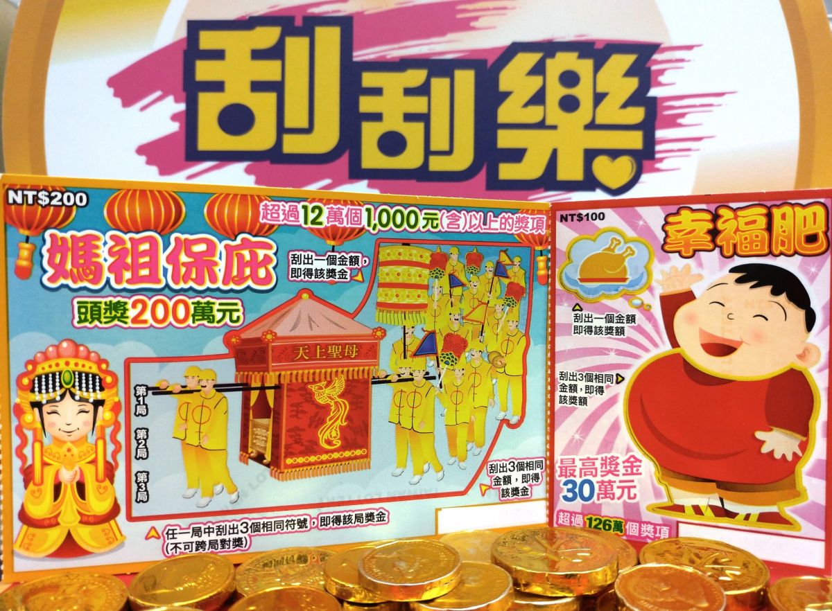 ▲又有2款全新刮刮樂上市，其中「媽祖保庇」票面設計以台灣民俗年度盛事的媽祖遶境為主題，共有5個頭獎200萬元，還有超過12萬個1000元以上獎項。（圖／台灣彩券公司提供）