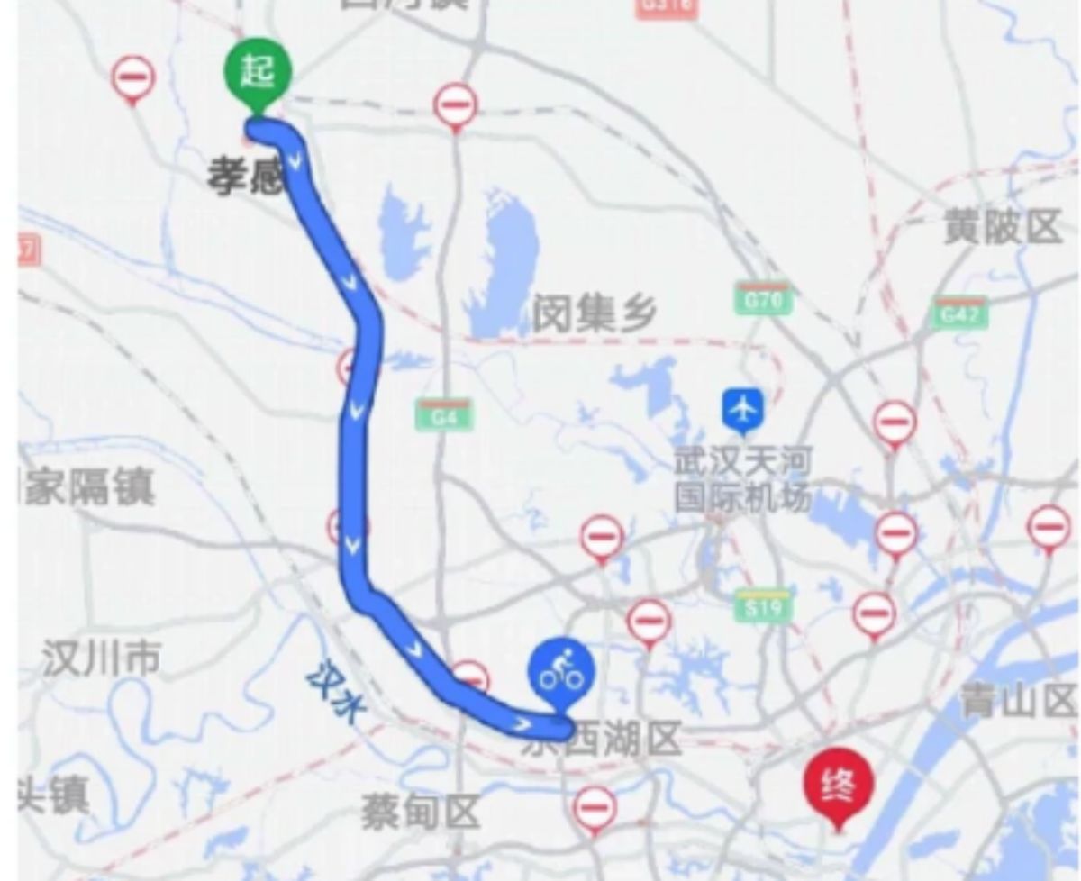 ▲王欣從湖北孝感市返回武漢的騎行路線，當天她騎共享單車一共花了人民幣 40 元。（圖／翻攝自南方都市報）