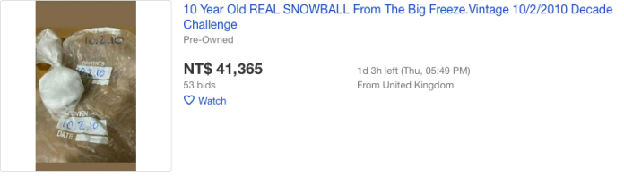 截至目前，這顆十年前的雪球標價達1,372美金（約新台幣41,365），距離拍賣截止日還有一天。（圖翻攝自eBay）