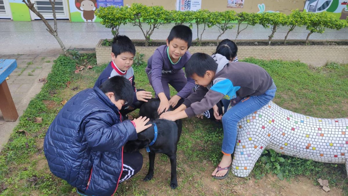 ▲即將開學，芬園鄉文德國小學生和校犬嬉戲曬太陽。（圖／記者陳雅芳攝，2020.02.19）