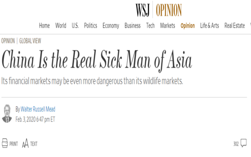 ▲《華爾街日報》日前刊登 1 篇批評北京防疫不力，導致中國成為「真正的亞洲病夫」的文章，引發爭議。（圖／翻攝自華爾街日報）