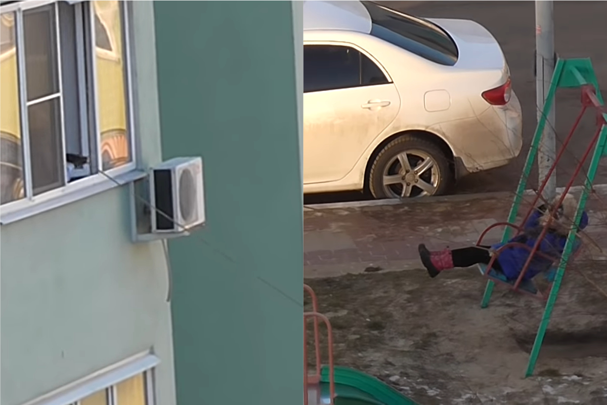 ▲俄羅斯媽媽在 4 樓幫兒子推鞦韆。（合成圖／翻攝 ViralHog Youtube ）