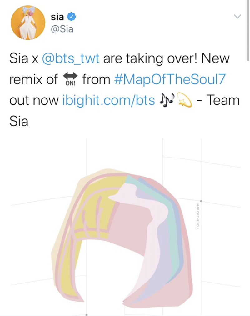 澳洲創作歌手Sia也跟上熱潮發推文Hashtag防彈少年團。（圖翻攝自Twitter/Sia）