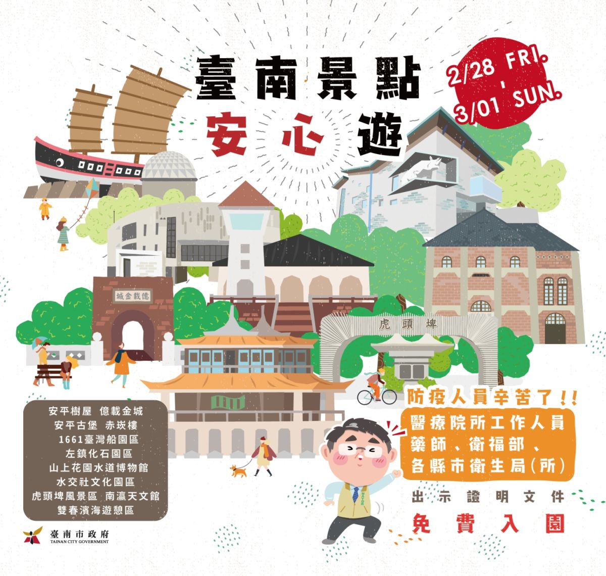 ▲台南市長黃偉哲宣布，今年228連假，全國防疫人員憑證明文件可免費暢遊台南11處知名景點。（圖／台南市政府）