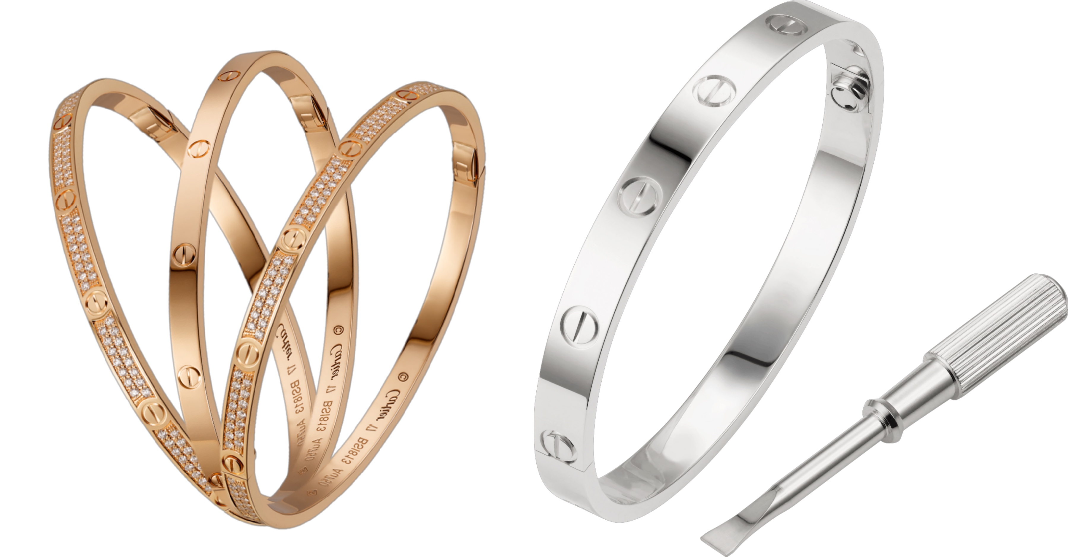 ▲左：LOVE 系列窄版玫瑰 K 金手環，右：LOVE 系列白 K 金手環。（圖／Cartier）