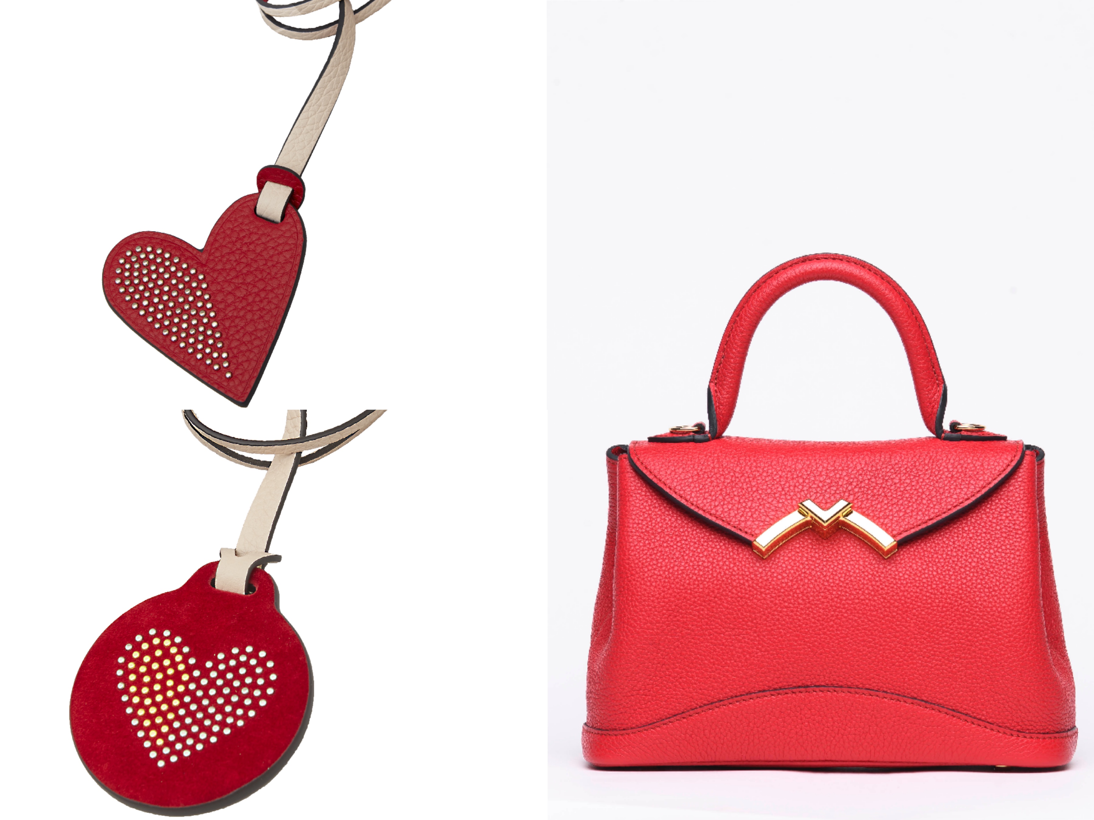 ▲MOYNAT 情人節限定 Rock’n Lov 心型吊飾 NT$13,300，Sweet 圓型吊飾NT$13,300，Gaby PM 包款 NT$131,000。（圖／MOYNAT）