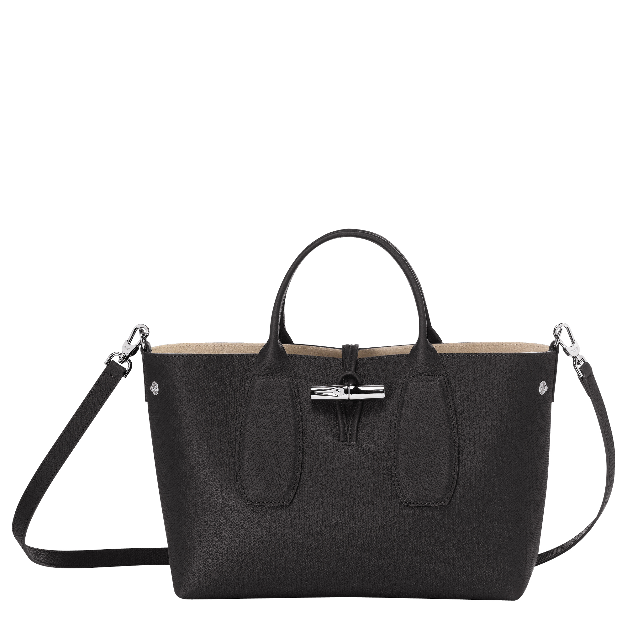 ▲黑色 Roseau 系列中型手提包，建議售價 NT$18,300。（圖／LONGCHAMP）