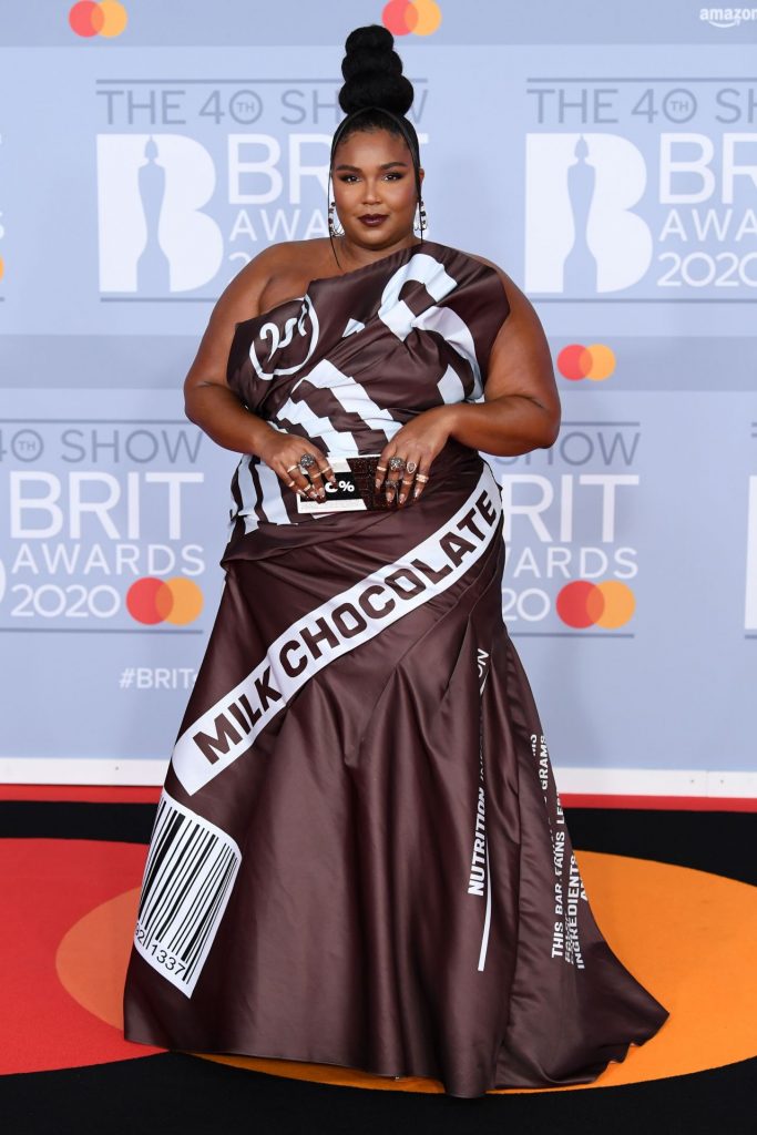 Mandatory Credit: Photo by David Fisher/Shutterstock (10559426f)<br>Lizzo<br>40th Brit Awards, Arrivals, Fashion Highlights, The O2 Arena, London, UK – 18 Feb 2020<br>Wearing Moschino Same Outfit as catwalk model Jourdan Dunn *3588418b