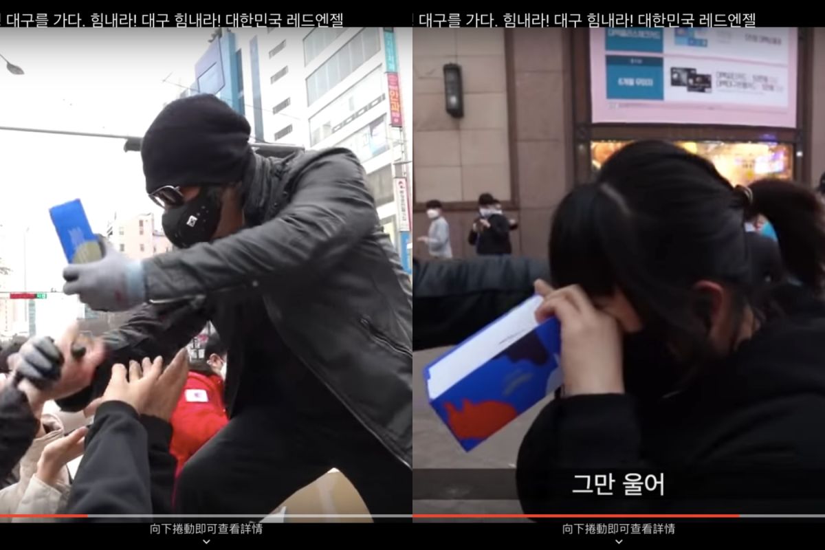 ▲金寶城到大邱發口罩，民眾感動淚崩。（圖／레드엔젤 RedAngel TV YouTube）
