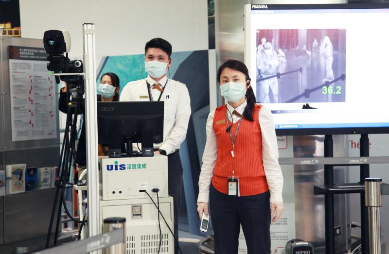 ▲台灣高鐵桃園站率先2台具有衛福部第一等級醫療器材許可證的紅外線體溫量測儀，為進站旅客量測體溫。（圖／記者李春台攝, 2020.03.04）