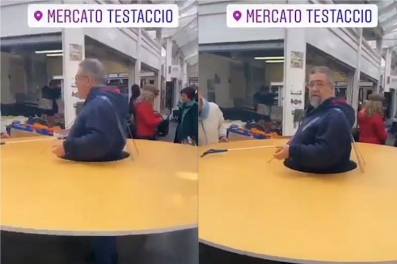 ▲義大利羅馬街頭出現一名戴著大圓盤試圖隔出安全距離的男子。（合成圖／翻攝 Instagram ）