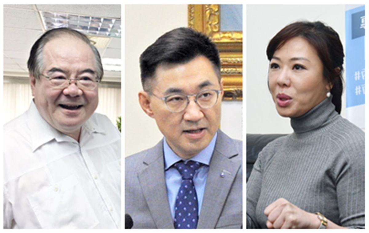 國民黨祕書長李乾龍（左）、黨主席江啟臣（中）、副祕書長李彥秀（右）。（圖 / NOWnews 組圖）