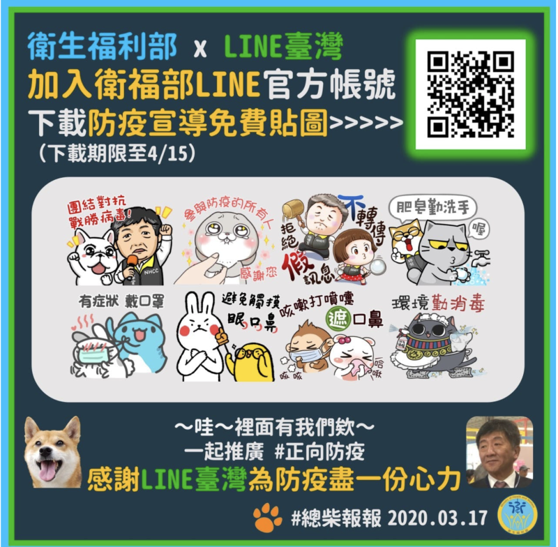 LINE台灣攜手合作衛福部推出免費超Q防疫貼圖（圖翻攝自衛福部臉書）
